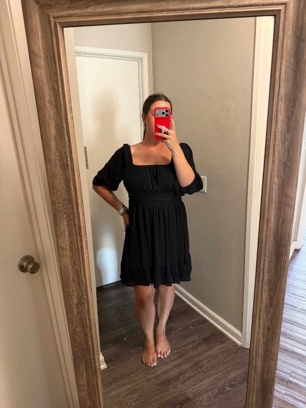 Mini Black Dress with Mid Length Sleeves Open Back with Bow